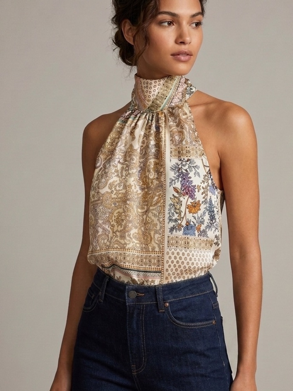 Joie mixed print satin halter tie neck sleeveless blouse size small